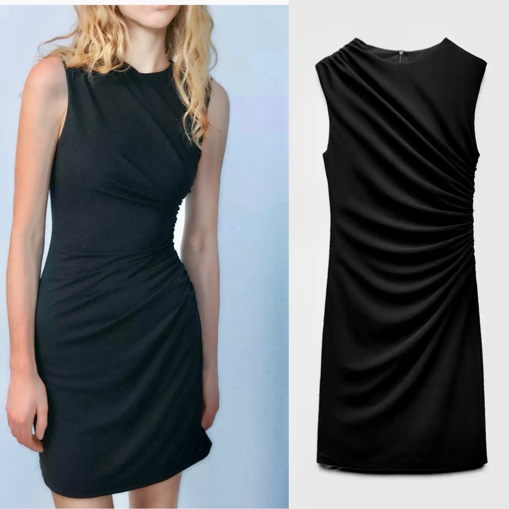 Zara NWT ruched black mini dress